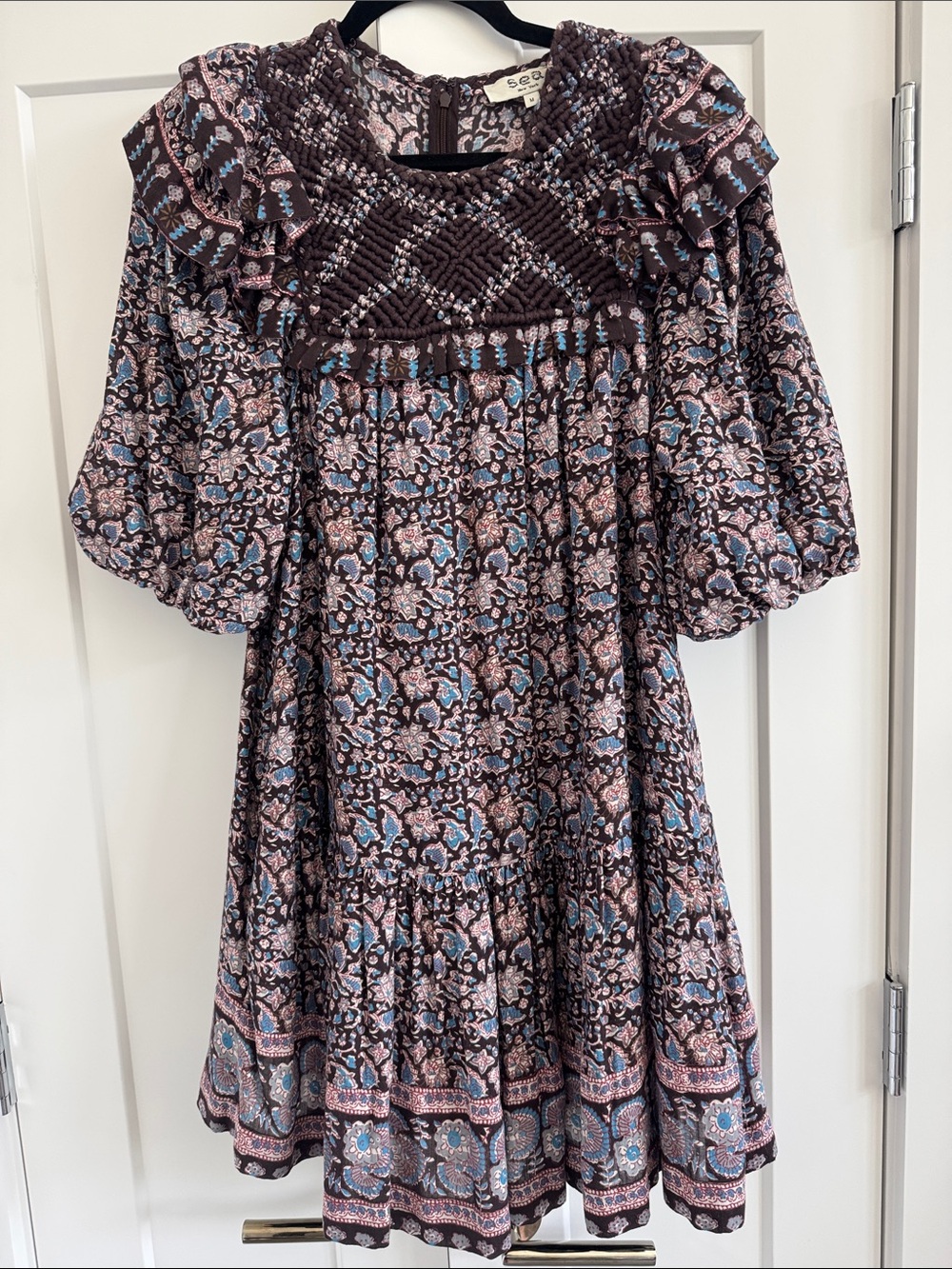 Sea New York Brown and Blue Smocked Floral Paisley Mini Dress